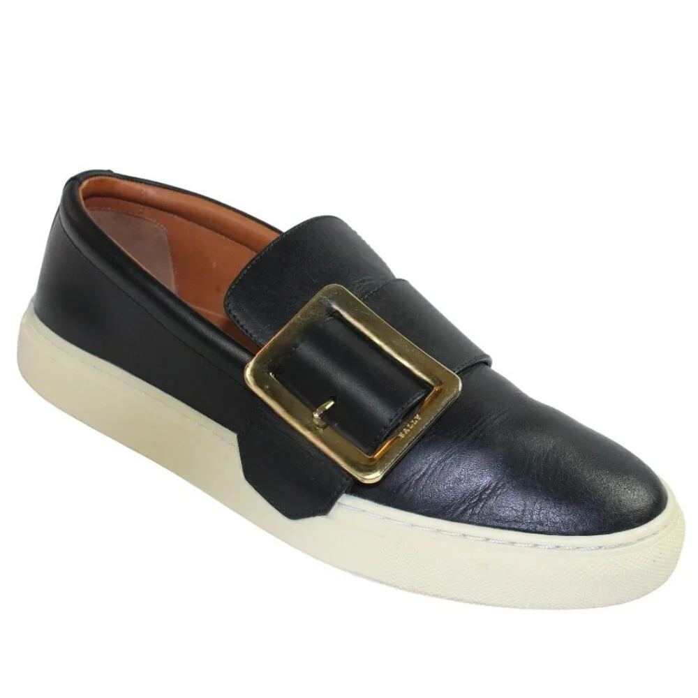 Bally Heska Black Leather Large gold Buckle Accent Slip On Sneakers Size 5.5